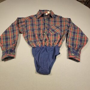 VTG 90s Hang Ten Bodysuit Shirt XS Tartan Plaid Long Sleeve Button Up Surfwear